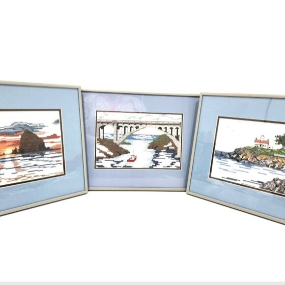 3 Framed Prints Blue Needlepoint Water pictures, Boating Bridge Lighthouse - Picture 1 of 8